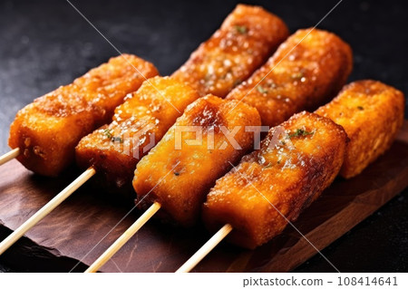 Deep-fried crispy potatoes on a wooden skewer. Generative AI Deep-fried crispy potatoes on a wooden skewer. Generative AI 108414641