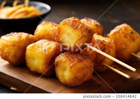 Deep-fried crispy potatoes on a wooden skewer. Generative AI 108414642