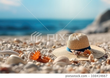 Straw hat and on beach sand beside starfish and seashells in sunlight. Generative AI 108414667
