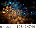 Defocused glittering lights in gold and silver on black background. Festive abstract for celebration or party themes. AI Generative. 108414749