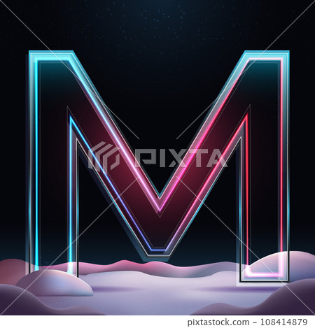 3D glass letter M with neon light insight. Big relistic letter with sparkles and winter background. Holiday decoration. Element for design poster, advertisign or game 108414879