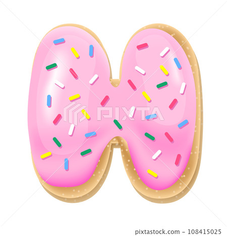 Vector pink letter H from donut alphabet. Sweet tasty cookie font. Food illustration  108415025