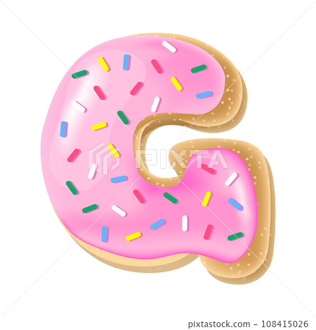 Vector pink letter G from donut alphabet. Sweet tasty cookie font. Food illustration 108415026