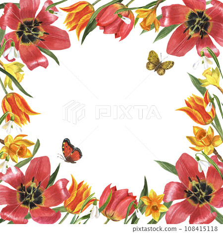 Floral frame from spring flowers. Stylish fashion frame. Wedding design. Watercolor illustration of flower composition, frame, bouquet for greeting card, background or flyer 108415118