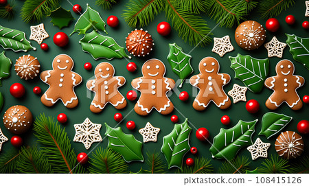 Christmas gingerbread cookies, men, holly leaves, snowflakes laid out in a festive flat composition on green background Christmas gingerbread cookies, men, holly leaves, snowflakes laid out in a festive flat composition on green background 108415126