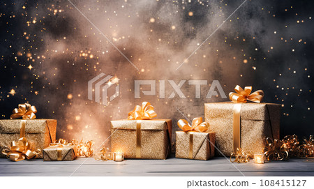Christmas gifts on a festive background. Winter holidays card: Merry Christmas or Happy New Year. Horizontal frame Christmas gifts on a festive background. Winter holidays card: Merry Christmas or Happy New Year. Horizontal frame 108415127