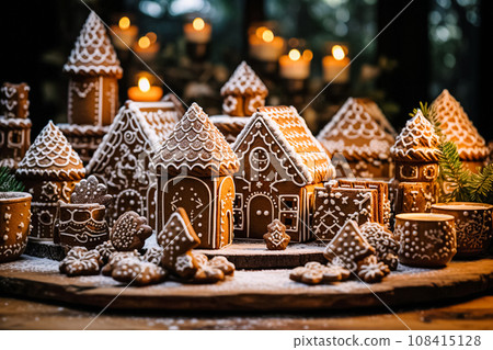 Christmas sugar gingerbread houses decorated with sweet icing on a holiday table. Festive New Year card template 108415128