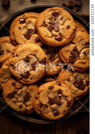Plate of chocolate chip cookies on the table. Close up, top view. Homemade pastries. AI generated. Plate of chocolate chip cookies on the table. Close up, top view. Homemade pastries. AI generated. 108415139