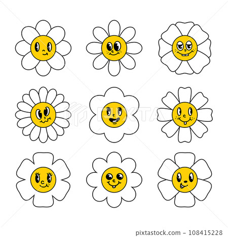 Retro groovy flowers collection. Vector set of funny emotions, smiling flowers from cartoons. Icons, stickers. Vector illustration. Groove design style. 108415228