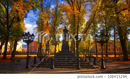 A monument to Nikolai Gogol, a genius writer, in the city of Nizhyn, Chernihiv region, is located on the main alley in Gogol Square in the city center. The monument was unveiled on September 4, 1881. A monument to Nikolai Gogol, a genius writer, in the city of Nizhyn, Chernihiv region, is located on the main alley in Gogol Square in the city center. The monument was unveiled on September 4, 1881. 108415294