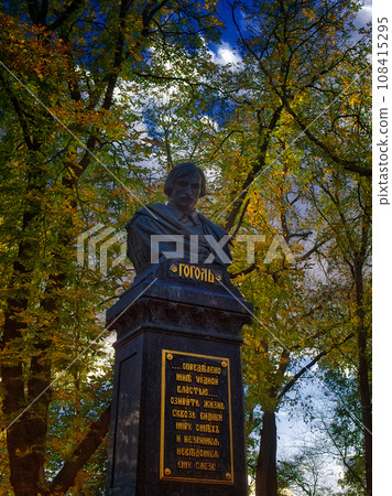 A monument to Nikolai Gogol, a genius writer, in the city of Nizhyn, Chernihiv region, is located on the main alley in Gogol Square in the city center. The monument was unveiled on September 4, 1881. A monument to Nikolai Gogol, a genius writer, in the city of Nizhyn, Chernihiv region, is located on the main alley in Gogol Square in the city center. The monument was unveiled on September 4, 1881. 108415295