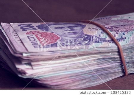 In this image, a tidy bundle of Ukrainian hryvnia banknotes, secured with an elastic band, showcases the denomination of 200 hryvnias, offering a glimpse of the country's currency. 108415323