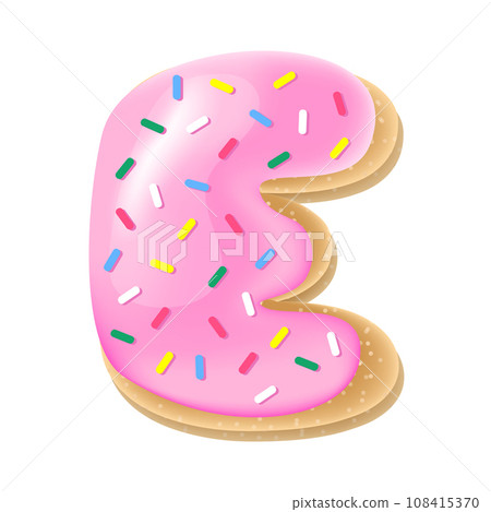 Vector pink letter E from donut alphabet. Sweet tasty cookie font. Food illustration 108415370