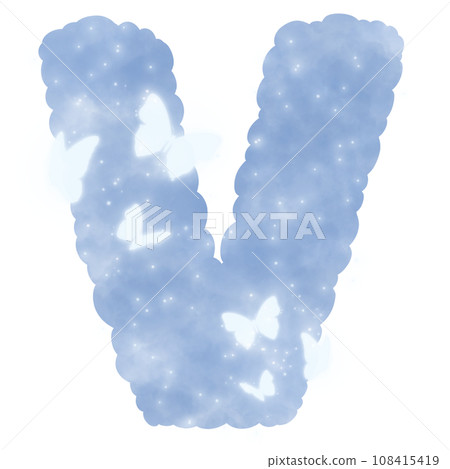 cloud blue V alphabet with butterflies and sparkles 108415419
