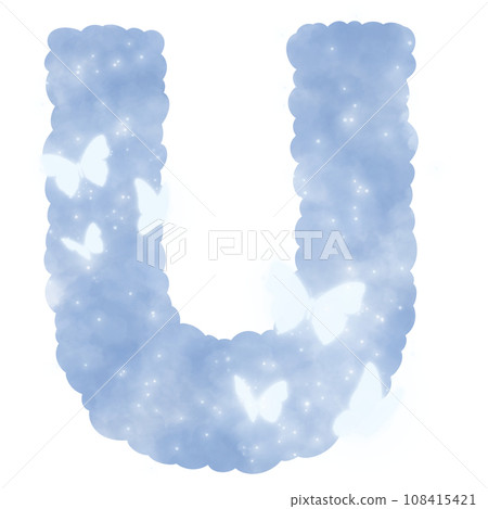 cloud blue U alphabet with butterflies and sparkles cloud blue U alphabet with butterflies and sparkles 108415421
