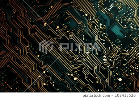 An intricate circuit board featuring gold and copper lines against a dark backdrop, lending it a futuristic aura a circuit board background. Created with generative AI tools 108415526