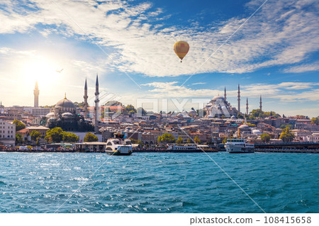 Ships in the Bosphorus by Suleymaniye and Rustem Pasha Mosques, Istanbul, Turkey Ships in the Bosphorus by Suleymaniye and Rustem Pasha Mosques, Istanbul, Turkey 108415658