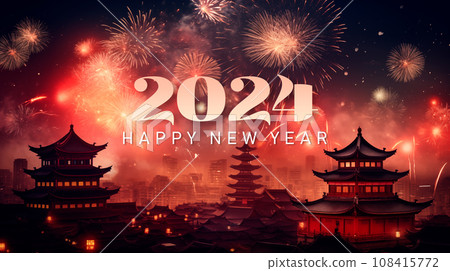 2024 Traditional red Chinese lanterns in the air at night during Chinese Lunar New Year Festival near the river.  108415772