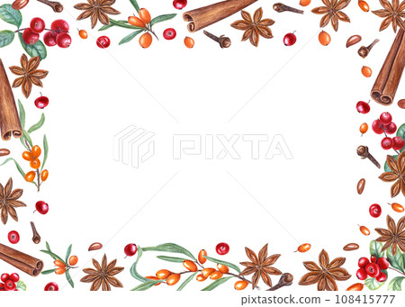 Rectangular horizontal frame of cowberries, cinnamon. Star anise, sea buckthorn and cloves. Lingonberry, sandthorn. Spices. Watercolor illustration for postcard, invitation. Space for text Rectangular horizontal frame of cowberries, cinnamon. Star anise, sea buckthorn and cloves. Lingonberry, sandthorn. Spices. Watercolor illustration for postcard, invitation. Space for text 108415777