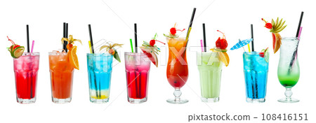 Set of cocktails, soft and long-drinks on a white background. Set of cocktails, soft and long-drinks on a white background. 108416151