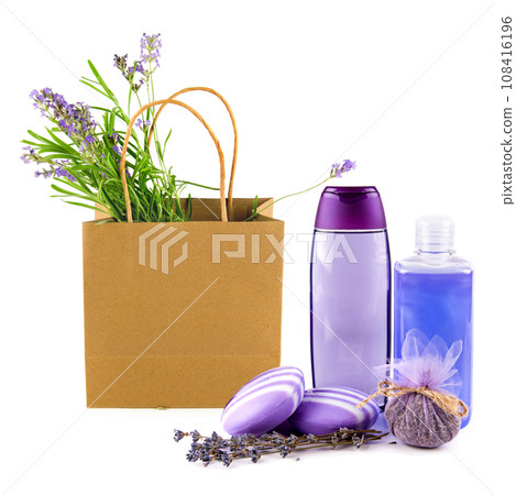 Lavender shampoo (shower gel), soap and a bouquet of lavender flowers in a paper bag isolated on a white. Collage. 108416196