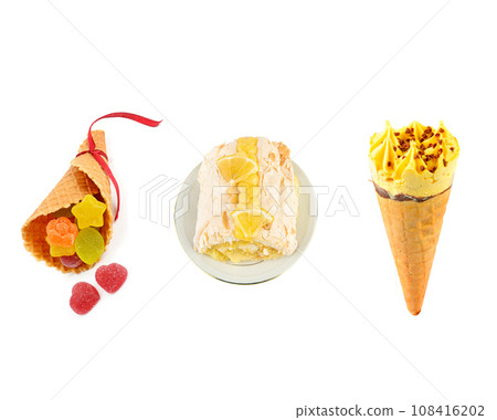 Ice cream, meringue cake and fruit marmalade isolated on white. Collage. Ice cream, meringue cake and fruit marmalade isolated on white. Collage. 108416202