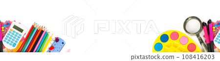 Set of school supplies isolated on white. Free space for text. Wide photo. Collage. Set of school supplies isolated on white. Free space for text. Wide photo. Collage. 108416203