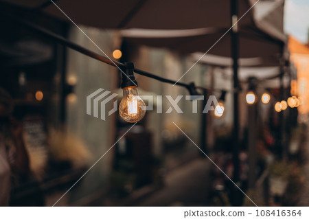 Decorative Outdoor Street electric garland. Old light bulbs. Lamp hang in the yard. Terrace concept. 108416364