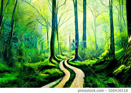 Illustration of a path in a fresh green forest - Stock Illustration ...