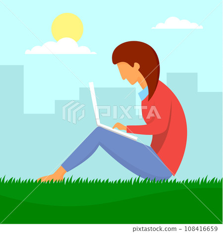 Girl outdoor distant work concept background. Flat illustration of girl outdoor distant work vector concept background for web design Girl outdoor distant work concept background. Flat illustration of girl outdoor distant work vector concept background for web design 108416659