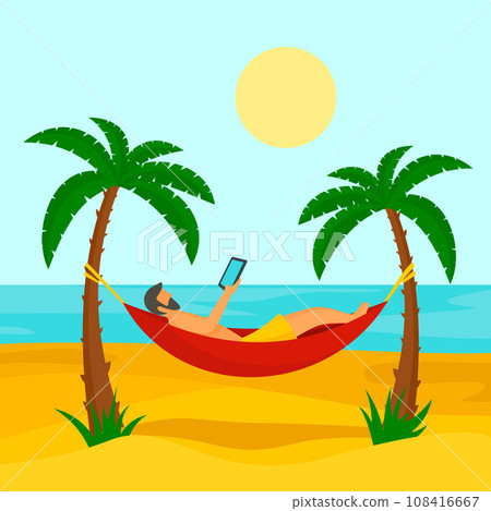 Man at beach hammock concept background. Flat illustration of man at beach hammock vector concept background for web design Man at beach hammock concept background. Flat illustration of man at beach hammock vector concept background for web design 108416667