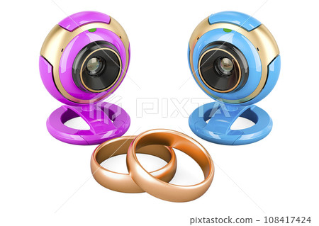 Online Marriage Service, wedding online concept. Webcams with wedding rings, 3D rendering 108417424