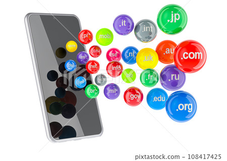 Mobile phone with domain names, 3D rendering 108417425
