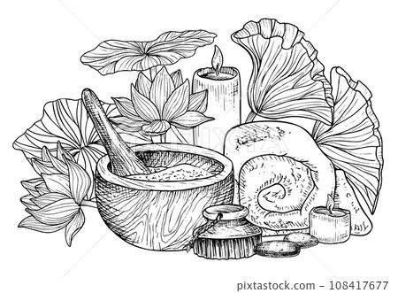 Body care Spa cosmetic with mortar and towel. Hand drawn vector linear illustration with toiletries and lotus flowers in black and white colors. Skincare products for massage salon icon or logo. 108417677