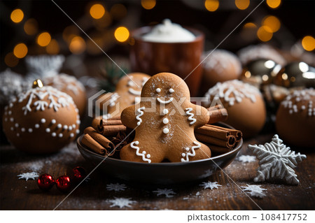 Gingerbread man and a cup of cappuccino with cream on a Christmas background 108417752