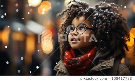 Cute curly African child at Christmas market looking up at Christmas tree  108417758