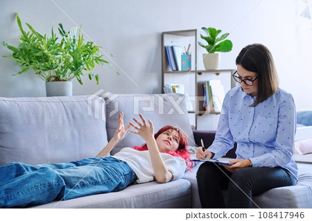 Session therapy of teenage student girl with counseling psychologist Session therapy of teenage student girl with counseling psychologist 108417946