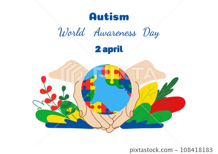 World Autism Awareness Day vector banner. Earth globe in hands, plants in flat style. Template card 108418183