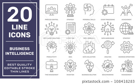Set of business intelligence icons such as business solutions, data modeling, visualization, management and more different. High quality. Editable stroke. EPS 10 108418283
