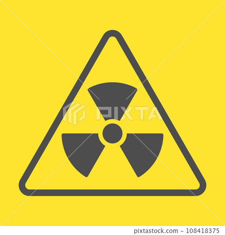 Radioactive zone, vector sign or symbol. Warning radioactive zone in triangle icon isolated on yellow background with stripes. Radioactivity. 108418375