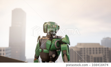 robot on the roof of a skyscraper looking at the metropolis. 3d render. future concept robot on the roof of a skyscraper looking at the metropolis. 3d render. future concept 108418474
