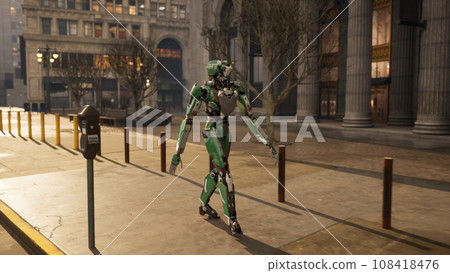 robot walking along a deserted street in a big city. humanoid AI robot crossing street. 3d animation. future automation job. robot walking along a deserted street in a big city. humanoid AI robot crossing street. 3d animation. future automation job. 108418476