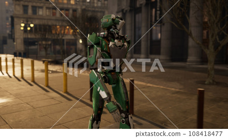 robot walking along a deserted street in a big city. humanoid AI robot crossing street. 3d animation. future automation job. robot walking along a deserted street in a big city. humanoid AI robot crossing street. 3d animation. future automation job. 108418477