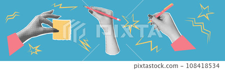 Hands holding a pen, a pencil, a note Halftone vector collage. 108418534