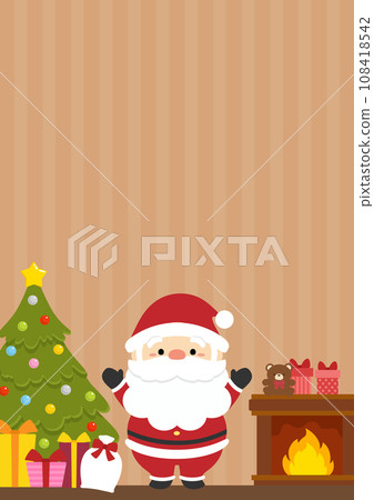 Illustration of Santa Claus holding a present and presents Illustration of Santa Claus holding a present and presents 108418542