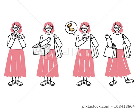 一個人購物的插圖(女人,家庭主婦,母親,50歲,金錢,付款,無現金,累積積分) 一個人購物的插圖(女人,家庭主婦,母親,50歲,金錢,付款,無現金,累積積分) 108418664