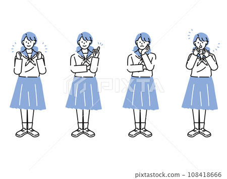 全身插圖（人、女人、高中女生、學生、正面、思考、理解、驚訝、擔心、夢想） 108418666