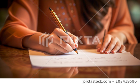 Close-up of hand writing on notebook with pen 108419590