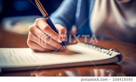 Close-up of hand writing on notebook with pen 108419593