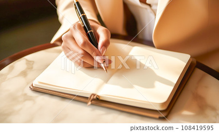 Close-up of hand writing on notebook with pen 108419595